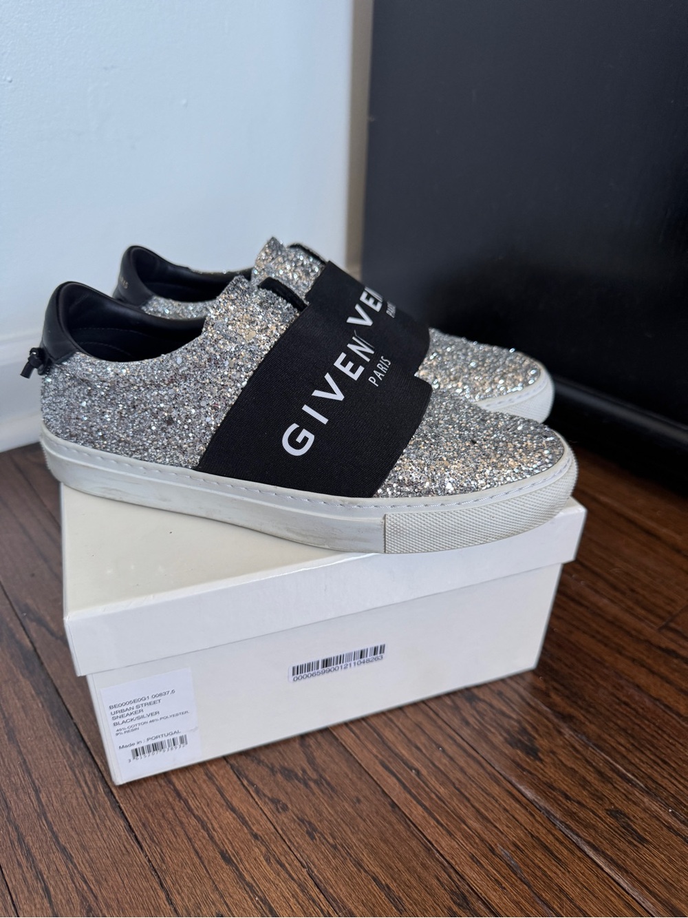 Givenchy Silver Glitter Slip-On Sneakers with Black Logo Band